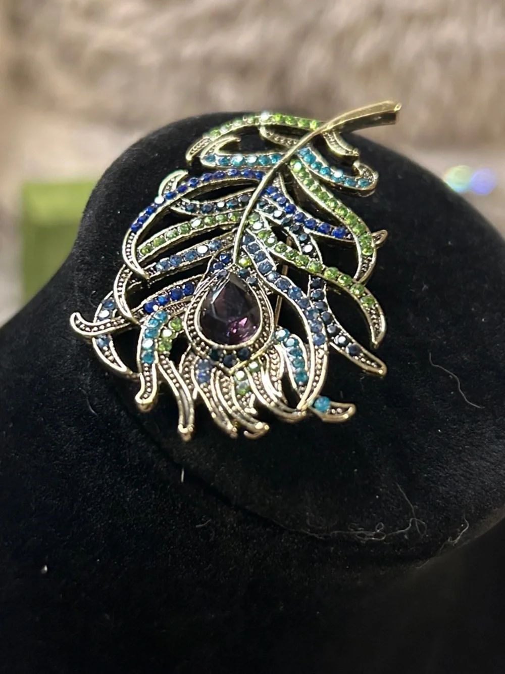 Peacock Feather Crystal Brooch - Blue & Green - Picture 6 of 6
